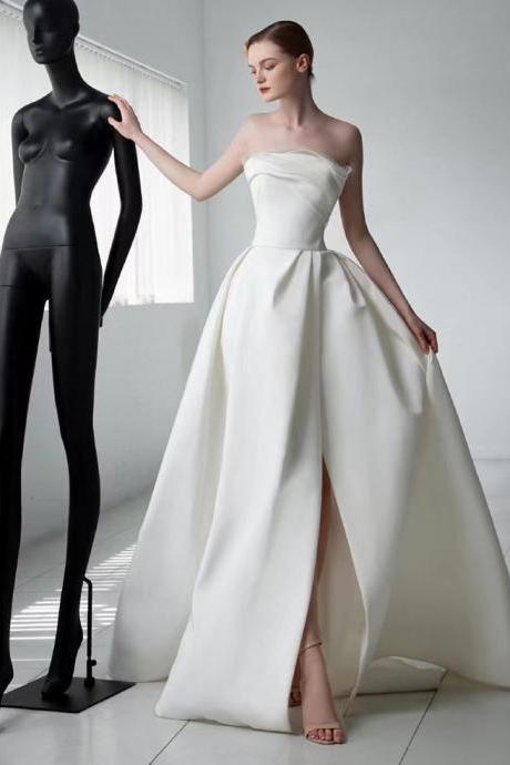 Strapless Wedding Dress,noble White Bridal Dress,slit Bridal Dress,handmade