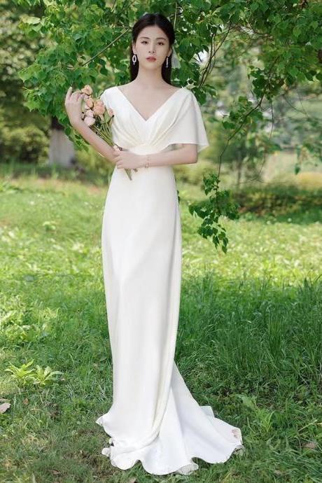 V-neck Wedding Dress,white Bridal Dress,satin Bridal Dress,handmade