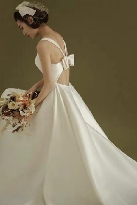 Bridal Dress, Trailing Wedding Dress, Simple White Wedding Dress, Bowknot Fairy Wedding Dress, Handmade