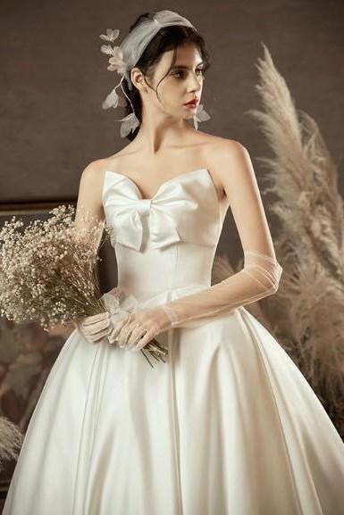 Simple Wedding Bow Sleeveless Gown, Strapless Wedding Dress, Handmade