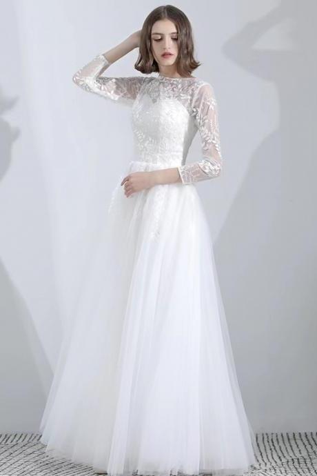 Elegant Wedding Dress,o-neck Bridal Wedding Dress, Long Sleeve Wedding Gown, Handmade