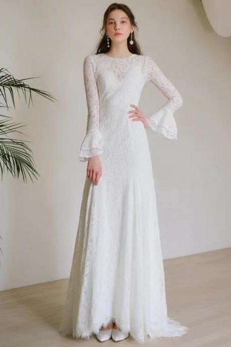 Elegant Lace Wedding Dress,o-neck Formal Dress, Bridal Wedding Dress, Long Sleeve Wedding Gown, Handmade
