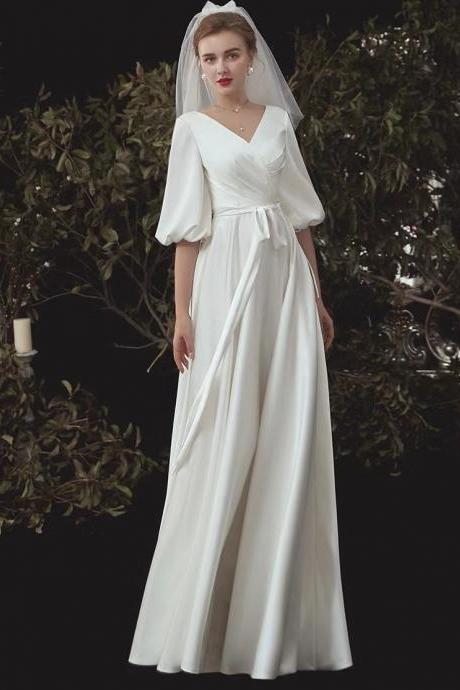 V-neck Bridal Dress,elegant Long Sleeve Wedding Dress ,handmade
