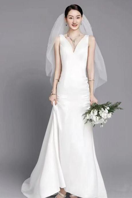 V-neck Bridal Dress,satin Mermaid Wedding Dress ,handmade