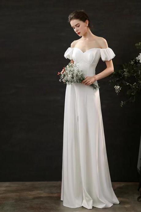 Off Shoulder Bridal Dress, Puff-sleeve Light Wedding Dress, Satin Floor-length White A-line Dress,handmade