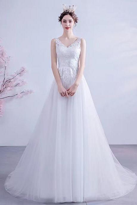 White Bridal Dress, Sexy Lace V-neck Princess Bridal Gown, Backless Light Train Wedding Dress,handmade