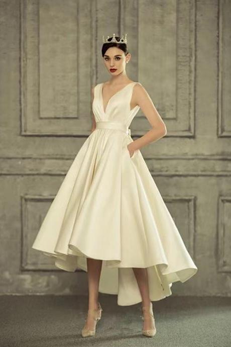 V-neck Evening Gown, Satin High Low Wedding Dress,handmade
