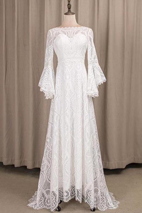 Long Sleeve Bridal Dress,lace Wedding Dress,outdoor Lawn Wedding Dress,handmade