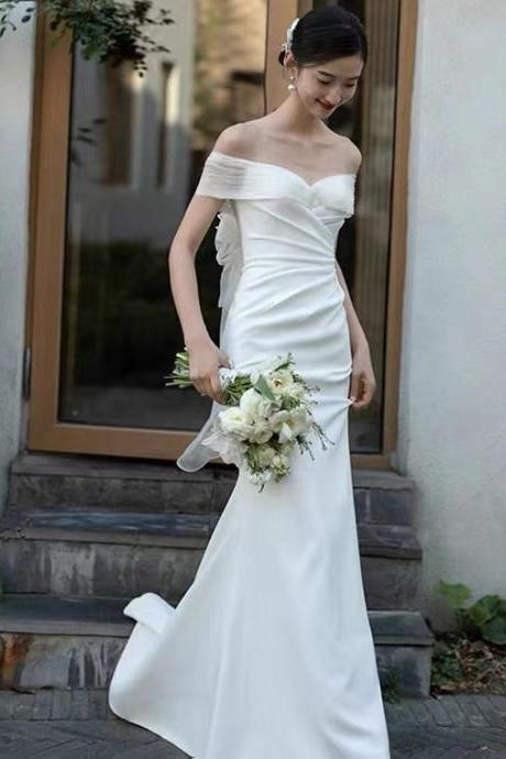 Off Shoulder Bridal Dress, Light Wedding Dress,satin Mermaid Wedding Dress,handmade