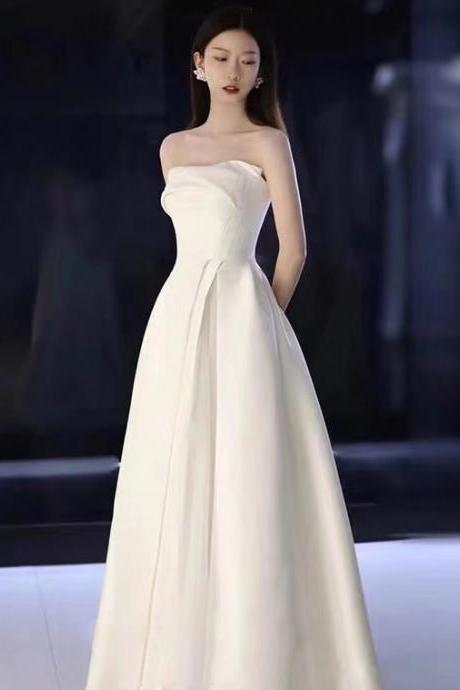 Strapless Bridal Dress,elegant White Satin Wedding Dress,handmade