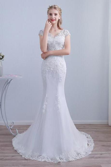 V-neck Bridal Dress,white Wedding Dress,lace Mermaid Wedding Dress,handmade
