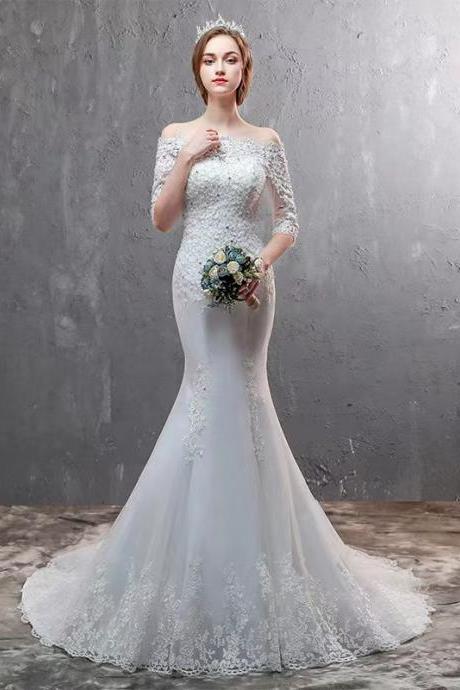 Off Shoulder Trailing Bridal Dress,white Wedding Dress,lace Mermaid Wedding Dress,handmade
