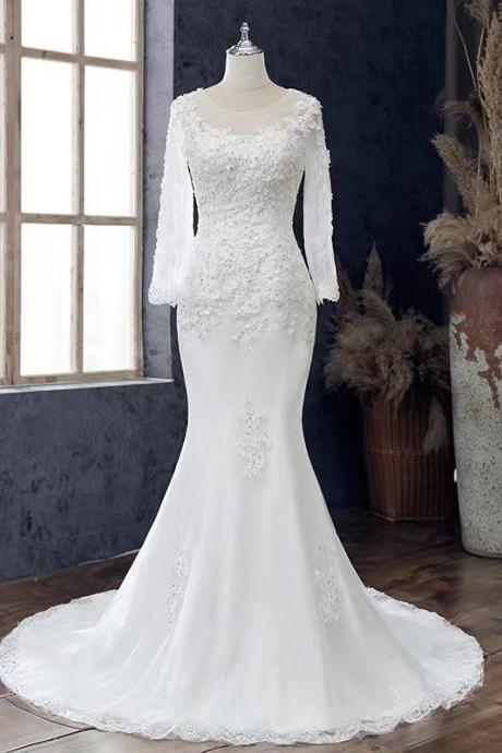 Mermaid Wedding Dress, Mid-waist, Retro, Long Sleeve Outdoor White Lace Princess Wedding Dress, Temperament Wedding Dress ,handmade