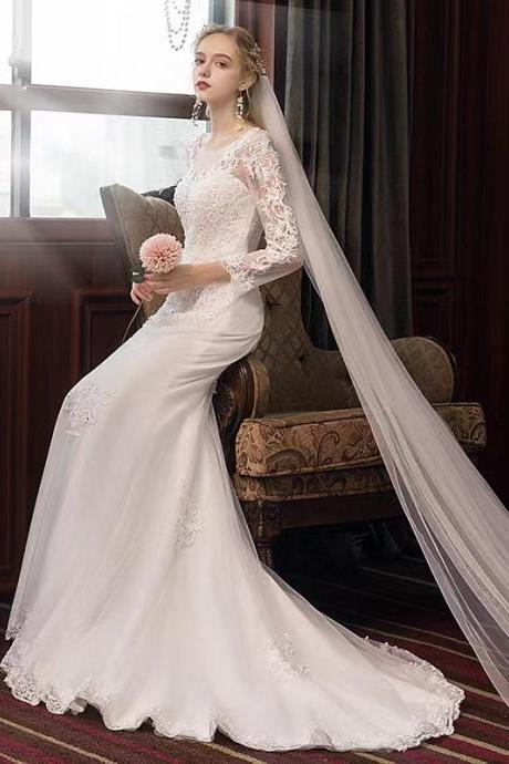 Mermaid Wedding Dress, Long Sleeve White Lace Princess Wedding Dress,main Wedding Dress With The Train ,handmade