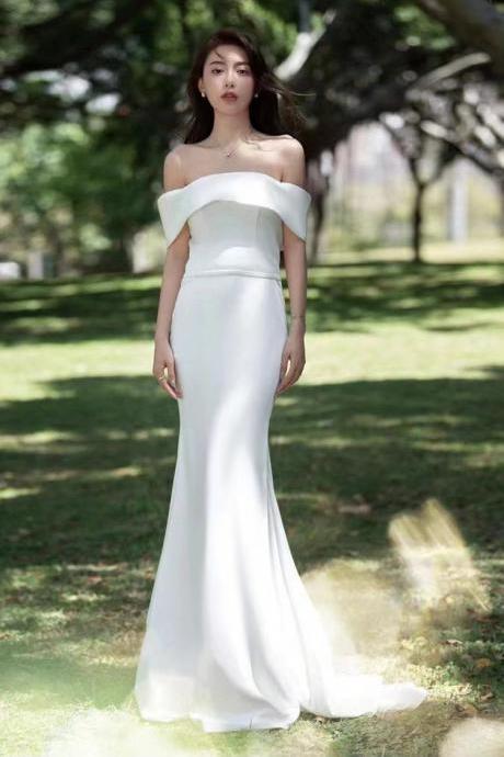 Off Shoulder Bridal Dress,elegant White Mermaid Dress, Satin Wedding Dress,handmade