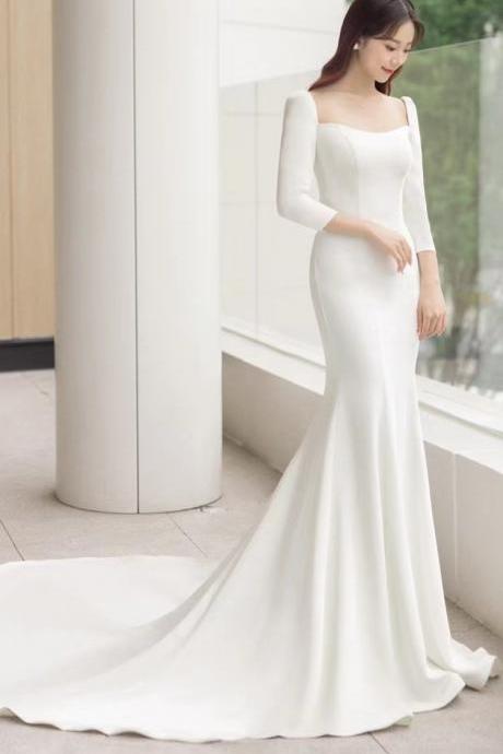 Mid Sleeve Bridal Dress, Elegant Wedding Dress, White Wedding Dress ,handmade