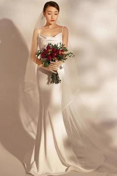 White Wedding Dress, Spaghetti Strap Wedding Dress, Satin Mermaid Dress,handmade