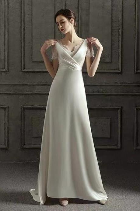White Wedding Dress, V-neck Wedding Dress, Satin Mermaid Dress,handmade