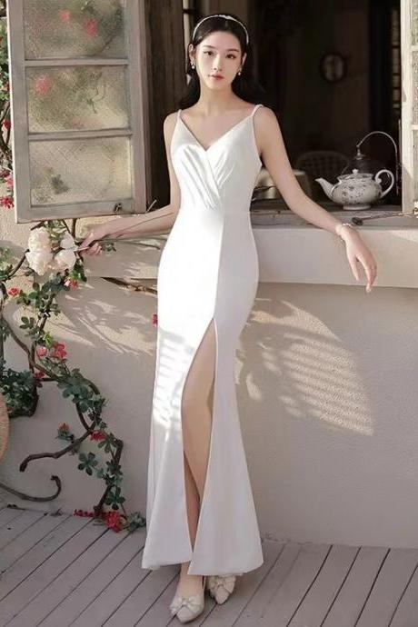 White Wedding Dress, Spaghetti Strap Wedding Dress, Satin Mermaid Dress ,sexy Slit Bridal Dress,handmade