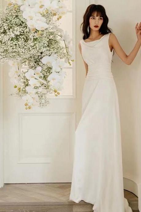 Hollow Out Back Light Wedding Dress, Elegant Bridal Dress, High Satin, Simple Evening Dress ,handmade