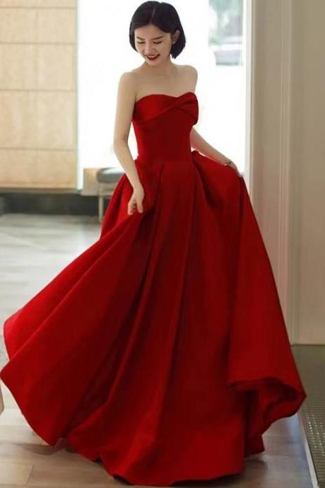 Red Wedding Dress , Strapless Prom Gown, Bridal Satin Evening Dress ,handmade