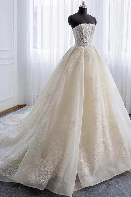 Strapless Wedding Dress , Lace Bridal Dress, Bridal Tulle Evening Dress ,handmade