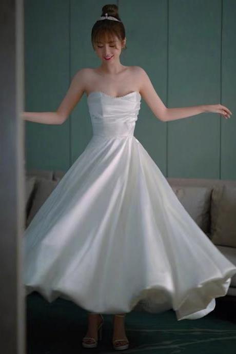 White dress light luxury evening dress, high sense, socialite birthday dress, strapless bridesmaid dress,Handmade