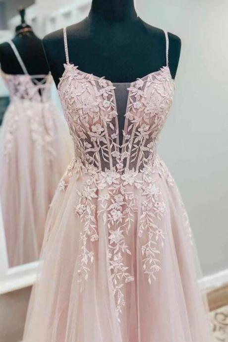 A Line V Neck Pink Wedding Dresses,tulle Lace Long Prom Dresses, Open Back Pink Formal Dresses, Pink Lace Evening Dresses,handmade