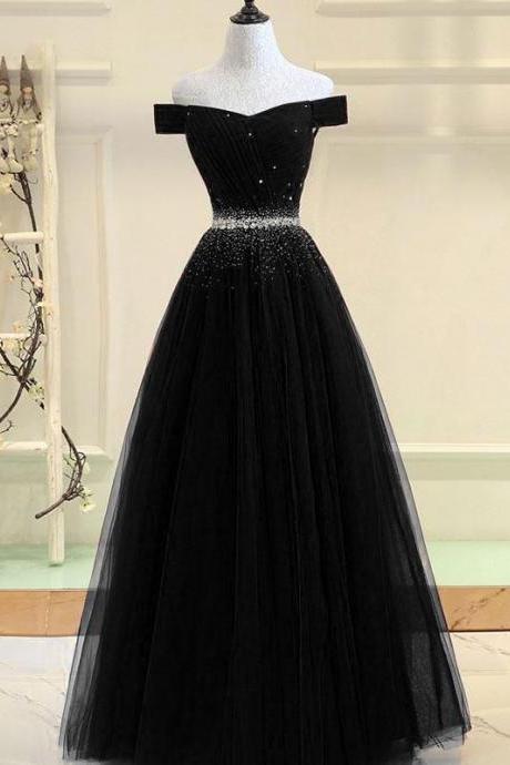 Black Evening Dress, Tulle Beaded Long Prom Dress, Off Shoulder Formal Dress, Black Party Gown,handmade