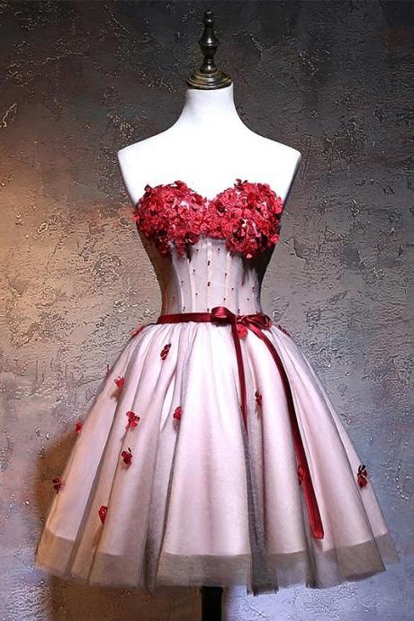 Cute Sweetheart Birthday Dress,short Pink Tulle Party Dress, Lace-up Knee Length Homecoming Dress,handmade