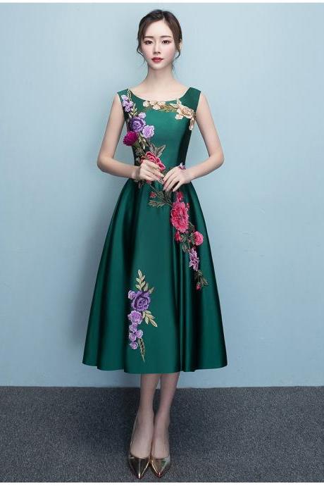 Dark Green Tea Length Homecoming Dress,Round Satin with Embroidery Formal Dress, Green Weddin Party Dresses ,Elegant Prom Dress,Handmade