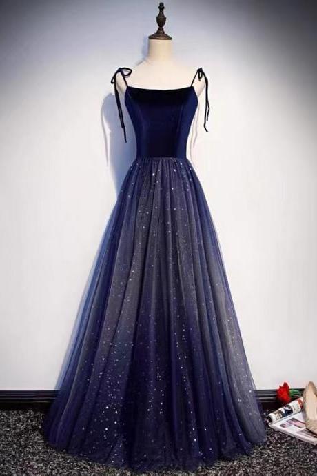 Navy Blue Party Dress,mVelvet and Tulle Straps Prom Dress , Charming Formal Gown,Handmade
