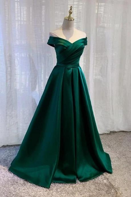 Beautiful Green Satin Evening Dress,Off Shoulder Long Party Dress, A-line Floor Length Prom Dress,Handmade