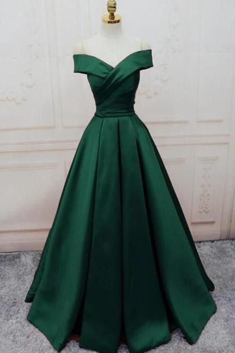 Charming Dark Green Wedding Guest Dress,Satin Off Shoulder Long Formal Gown, Simple Prom Dress,Handmade