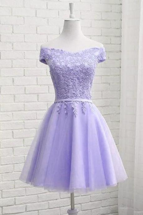 Light Purple Tulle Graduation Dress,Short Homecoming Dress , Cute Birthday Dress, Off Shoulder Party Dress,Handmade
