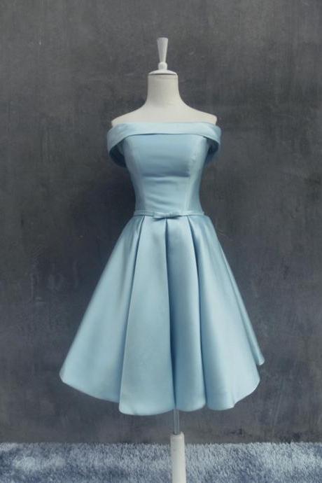 Light Blue Satin Knee Length Homecoming Dress, Cute Formal Dress, Blue Party Dress,Handmade