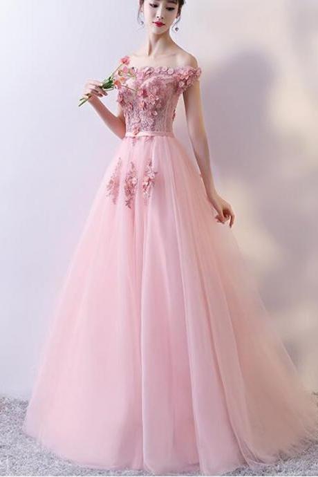 Pink Tulle With Flowers Applique Long Formal Gowns, Pink Prom Dresses, Sweet Off Shoulder Party Dresses,handmade