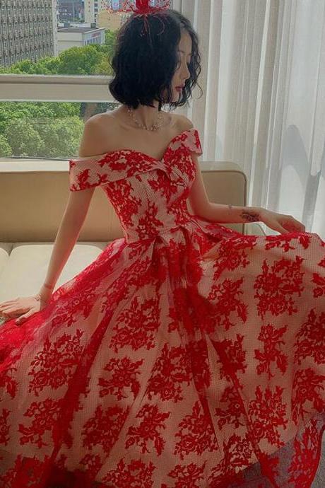 Charming Red Lace Tea Length Party Dress, Sweetheart Off Shoulder Prom Dress,lace Homecoming Dress,handmade