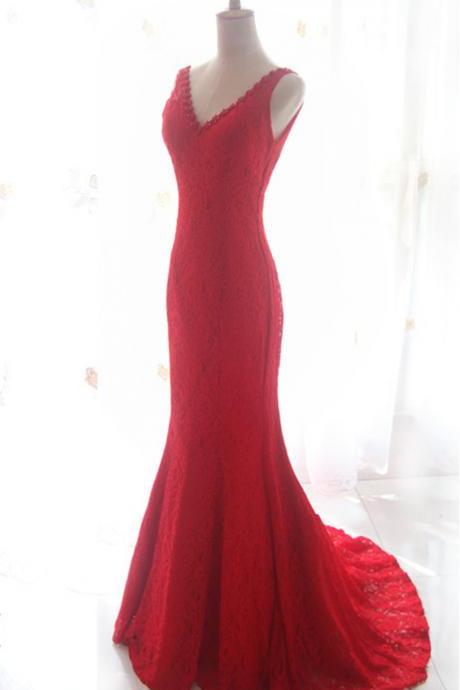 V-neck Lace Red Evening Dresses Sweep Train, Prom Gowns, Red Prom Gowns, Formal Gowns,handmade