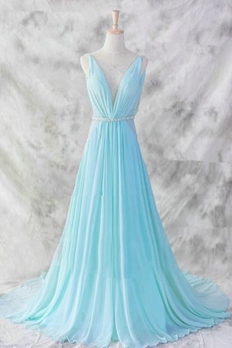 Baby Blue Chiffon Floor Length V-neckline Prom Gown , Baby Blue Evening Dresses , Blue Formal Dresses, Formal Dresses,custom Made