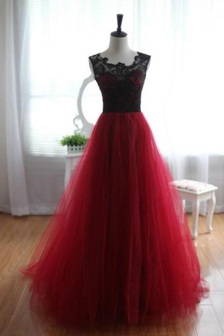 Tulle And Lace Burgundy Prom Dresses , Burgundy Prom Dresses, Lace Prom Gown, Formal Dresses,handmade