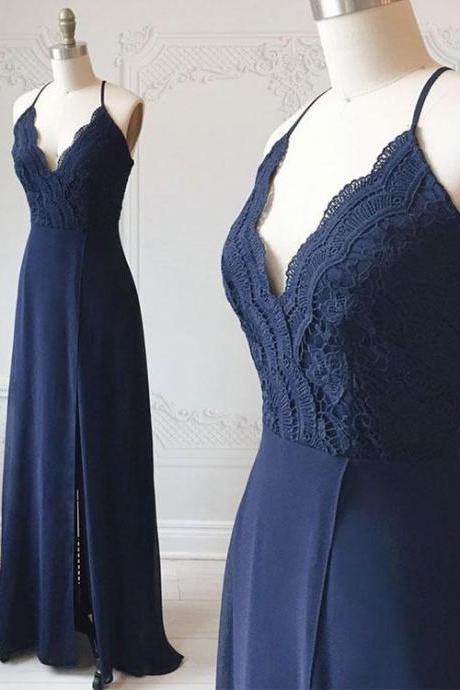 Navy Blue Bridesmaid Dress,v Neck Chiffon Lace Long Prom Dress, Sexy Slit Evening Dress,handmade