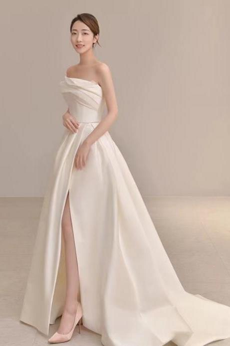 Strapless Light Wedding Dress, Off Shoulder Simple Elegant Satin Evening Gown,handmade
