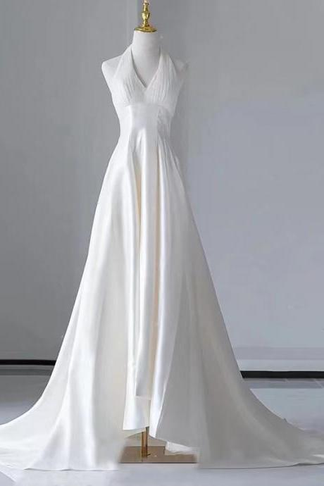 Light Wedding Dress,simple Elegant Satin Evening Gown,halter Neck Birdal Dress,backless Wedding Dress,handmade