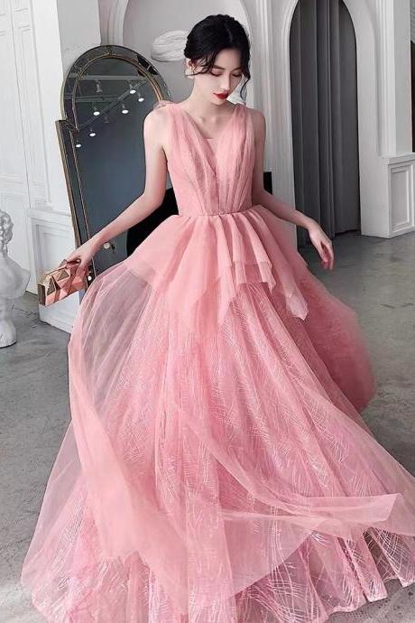 Pink Prom Dress, Temperament Long Evening Dress, Sweet Birthday Party Dress,handmade