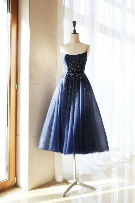 Dark Blue Tulle Tea Short Party Dress,spaghetti Strap Prom Dress, Blue Homecoming Dress,handmade