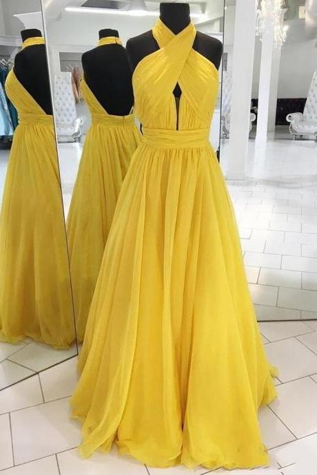 Backless Yellow Chiffon Long Prom Dresses, Open Back Yellow Formal Bridesmaid Dresses,handmade