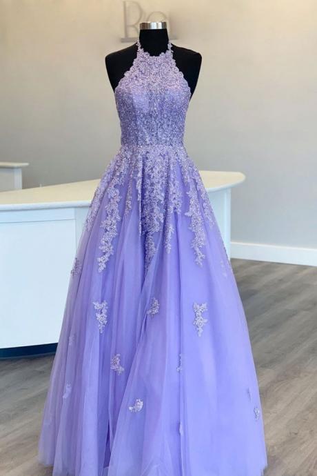 Purple Prom Dress,lace Party Dress,halter Neck Evening Dress,handmade