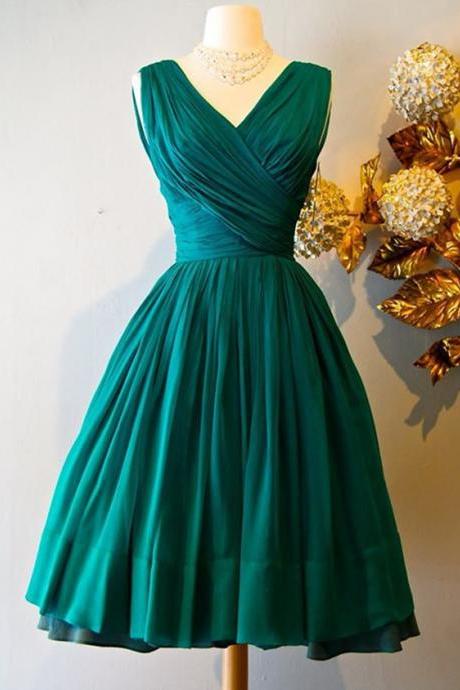 Short Vintage Dress,v-neck Party Dress,green Bridesmaid Dress,handmade