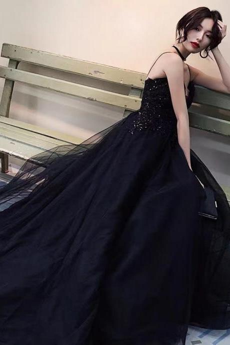 Spaghetti strap prom dress, black dress,sexy evening dress,,handmade